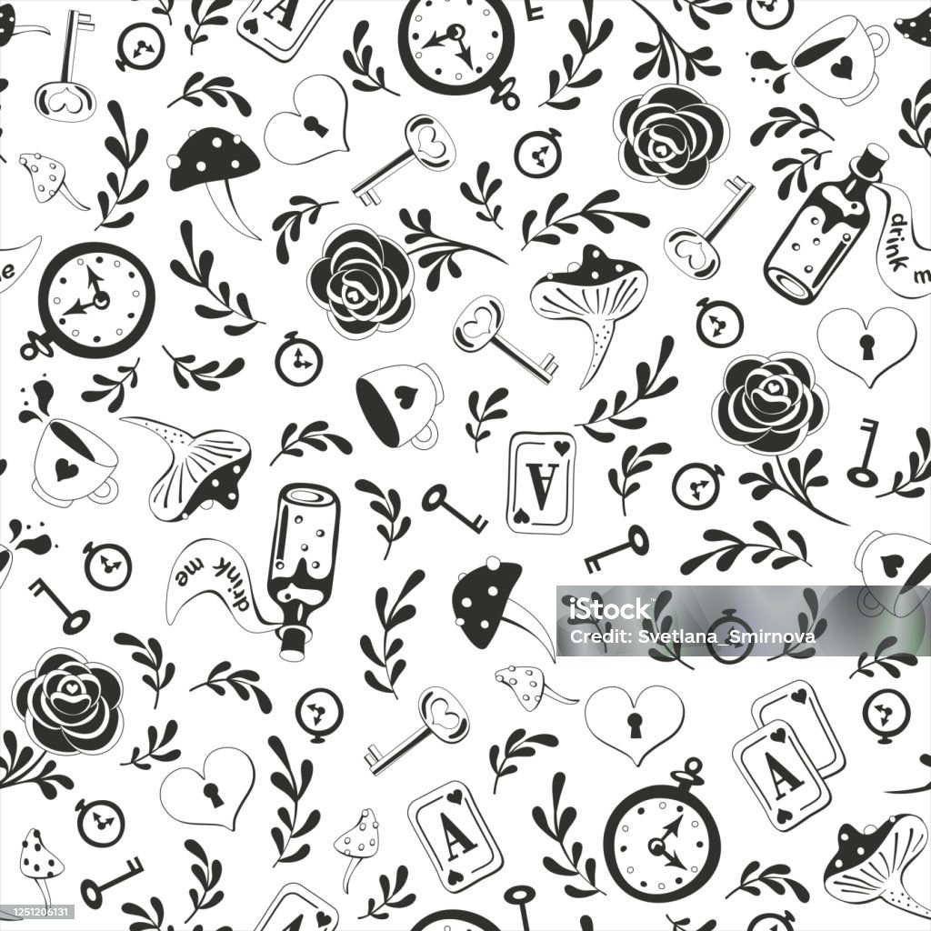 Ilustración de Bonito Patrón Negro Sin Costuras Con Llave Reloj Rosas Sobre Fondo Blanco Alicia En El Fondo Del País De Las Maravillas Para La Tela Envoltura Fondo De Pantalla Impresión Decorativa Ilustración de Bonito Patrón Negro Sin Costuras Con Llave Reloj Rosas Sobre Fondo Blanco Alicia En El Fondo Del País De Las Maravillas Para La Tela Envoltura Fondo De Pantalla Impresión Decorativa