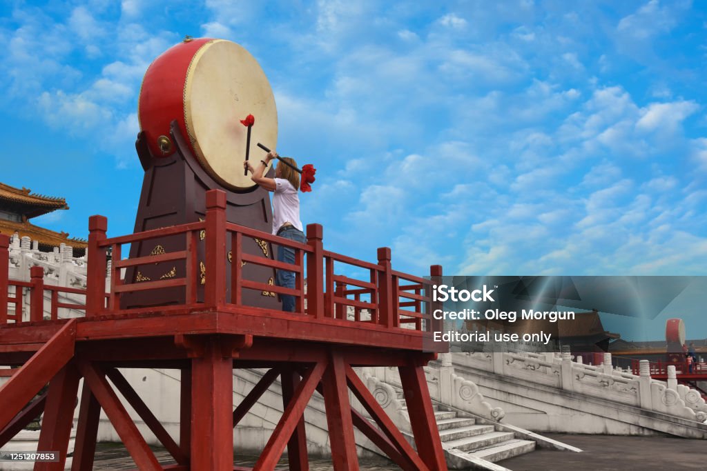 The drum tower in the Hengdian Film and Television City Hengdian City, Jinhua City, Zhejiang Province, China - October 20, 2016: The drum tower in the Hengdian Film and Television City Drum - Percussion Instrument Stock Photo