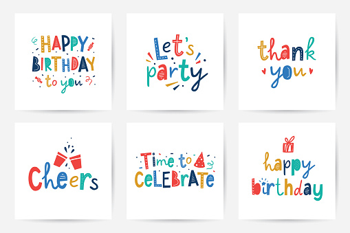 happy birthday, vector set of greeting cards with bright colorful lettering in scandinavian style