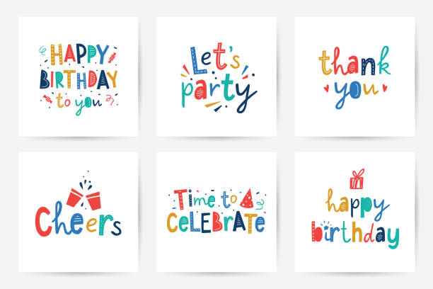 happy birthday vector set of cards with lettering happy birthday, vector set of greeting cards with bright colorful lettering in scandinavian style happy birthday stock illustrations
