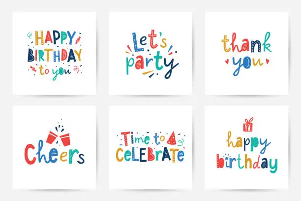 Vector illustration of happy birthday vector set of cards with lettering