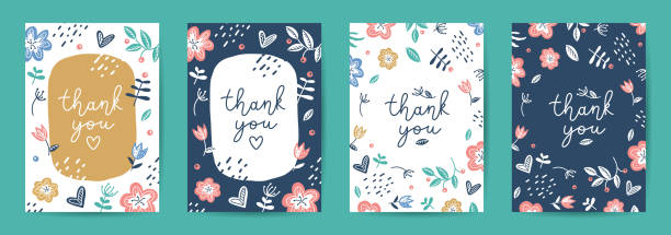 thank you vector cards of lettering and flowers vector art illustration
