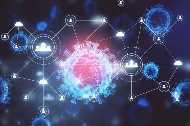 Photo of Virus cells coronavirus 2019-nCov and remote work hologram