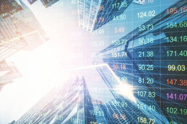 istock Stock statistics hologram on modern skyscraper background. 1251208890