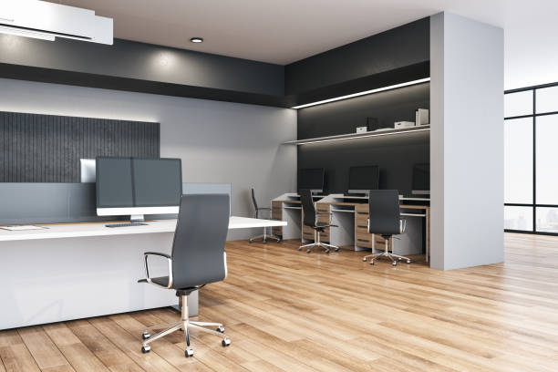 istock Minimalistic coworking office interior with city view. 1251208917
