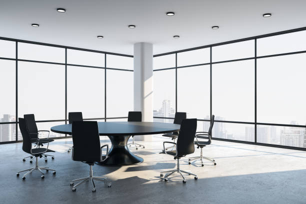 istock Bright meeting room interior with panoramic city view. 1251209600