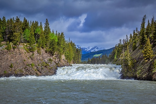 A scenic view of a waterfall at the iconic Bow Falls viewpoint in Banff.