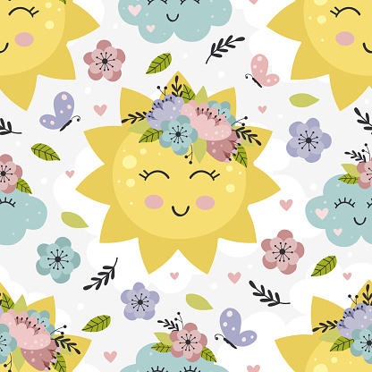 seamless pattern with floral sun and cloud