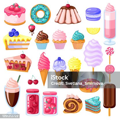 istock set of colorful sweet food. Donut, ice cream, muffins, smoothies, macaroons and candies with pink, chocolate, blue mint, lemon and blueberry topping.Vector illustration 1251212722