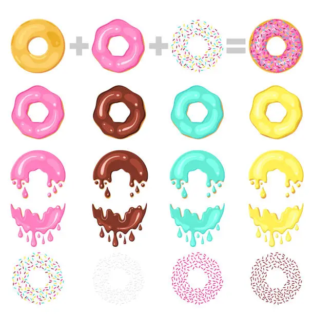 Vector illustration of Construct your donut. Concept donuts designer : basis of donut, glaze and different toppings
