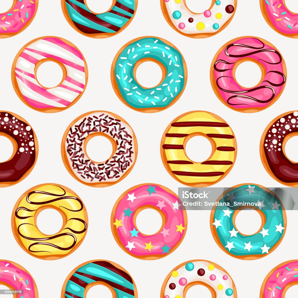 Seamless Pattern For Fabric Wrapping Wallpaper Decorative Print Pink Donut  Chocolate Donut Lemon And Blue Mint Donuts With Different Topping On White  Background Stock Illustration - Download Image Now - iStock