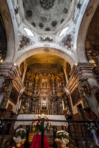 Tucson, Arizona, USA - May 3, 2019: Interior of the San Xavier Mission in Tucson. The mission is the oldest remaining European structure in Arizona. The Franciscan Catholic Mission was completed in 1791 and remains open for worship and services today.