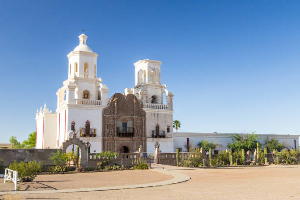 Tucson, Arizona, USA - May 3, 2019: Exterior of the San Xavier Mission in Tucson. The mission is the oldest remaining European structure in Arizona. The Franciscan Catholic Mission was completed in 1791 and remains open for worship and services today.