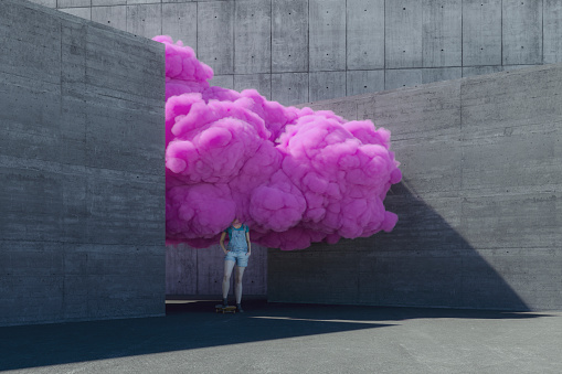 Young woman brainstorming in pink cloud. This is entirely 3D generated image.