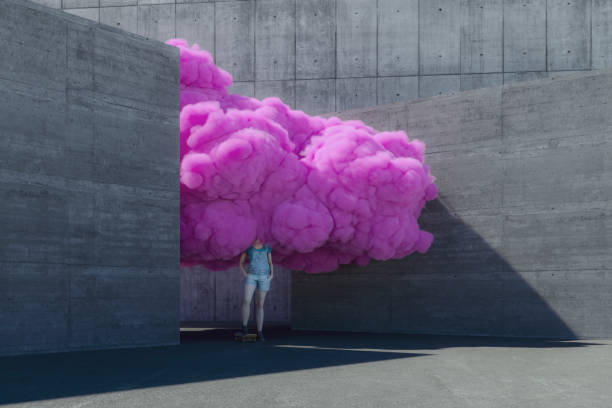 Young woman brainstorming in pink cloud Young woman brainstorming in pink cloud. This is entirely 3D generated image. conceptual realism stock pictures, royalty-free photos & images