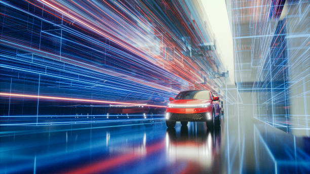 Generic modern car speeding on the street Generic modern car speeding on the street. This is entirely generic, brandless vehicle modelled without any real references. Entiely 3D generated image. car technology stock pictures, royalty-free photos & images
