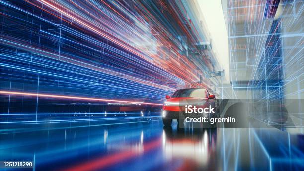 Generic Modern Car Speeding On The Street Stock Photo - Download Image Now - Car, Technology, Electric Car