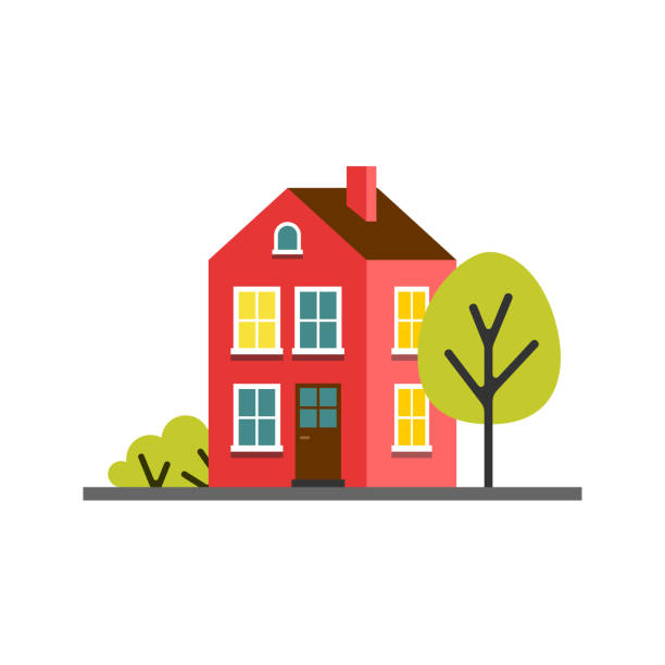 маленький мультфильм красный пурпурный дом с деревьями, изолированные вектор иллюстрации - village community town house stock illustrations