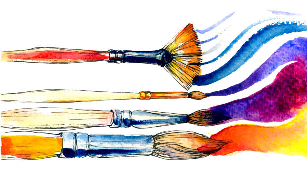 pędzle akwarelowe na białym tle. kolorowy zestaw wektorowy sztuki - artists brushes stock illustrations