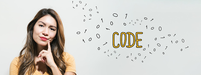 Code with young woman in a thoughtful fac