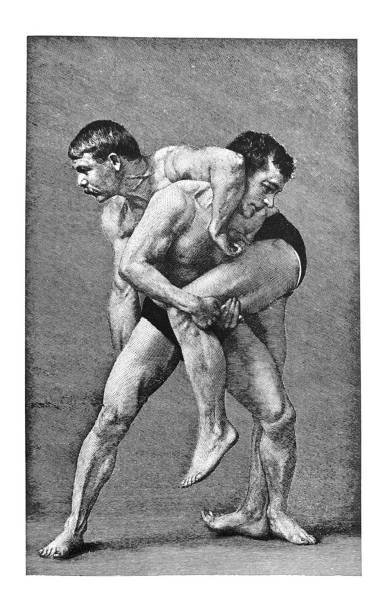Athletic Sports - two muscular men wrestling vector art illustration