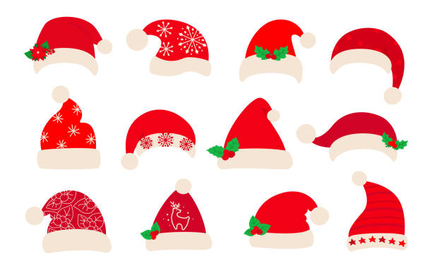 santa klauzula kapelusz boże narodzenie płaski zestaw czerwony cap wektor - propeller beanie stock illustrations