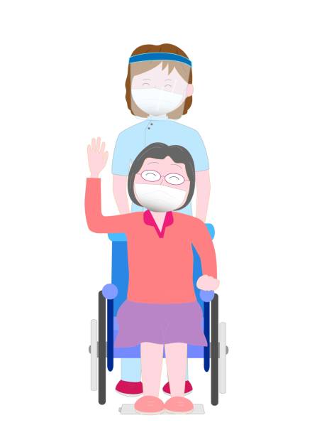 care work A caregiver with a face shield to prevent new coronavirus infection is caring for an elderly person in a wheelchair. nurse face shield stock illustrations