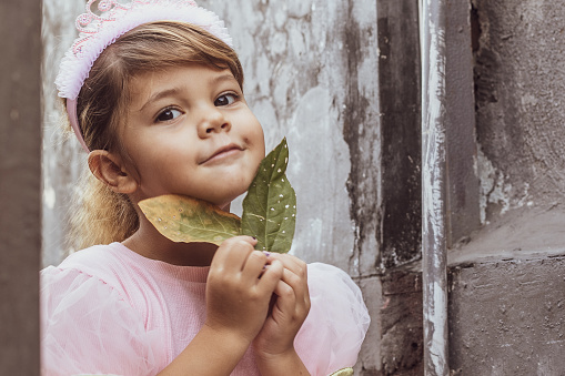 A girl outside in a beautiful light pink princess dress with tiara.  Portrait of a beautiful kid- girl , 4 years old in the home. Happy.