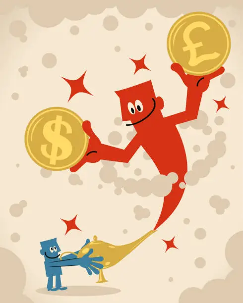 Vector illustration of Smiling businessman is rubbing his magic lamp and then this giant genie that is holding a Pound sign British currency and Dollar sign US currency is coming out