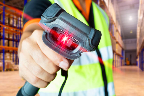 istock Closeup worker holding bar code scanner with scanning red laser. Warehouse inventory management. 1251229595