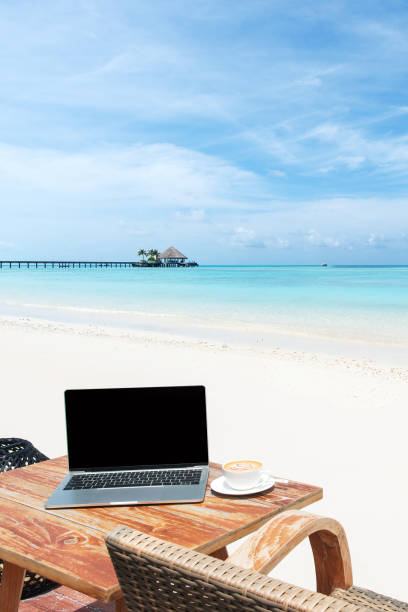 istock Mobile work office on the tropical paradise beach with blank laptop screen 1251230272