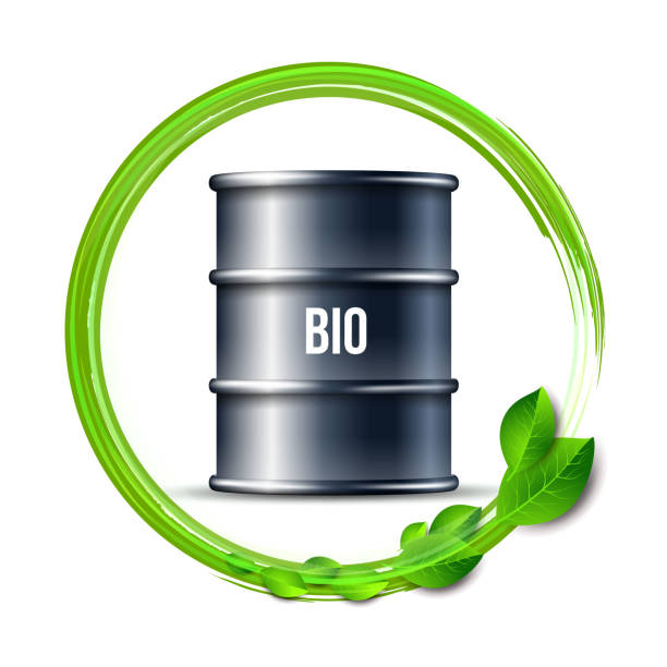 ilustrações de stock, clip art, desenhos animados e ícones de black barrel of biofuel with word bio and green leaves isolated on white - oil drum barrel fuel storage tank container