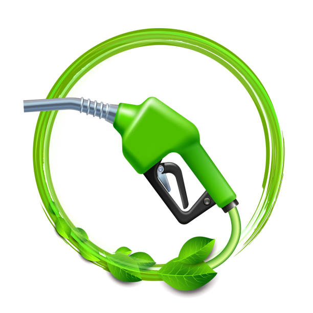 illustrations, cliparts, dessins animés et icônes de buse et tuyau de pompe de poignée de carburant vert avec feuilles vertes. - biocarburant