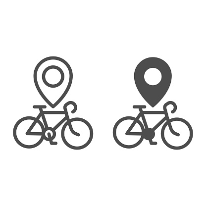 Bike location line and solid icon, bicycle concept, Map pointer with bicycle sign on white background, bike rent location pin icon in outline style for mobile concept and web design. Vector graphics
