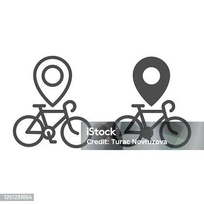 istock Bike location line and solid icon, bicycle concept, Map pointer with bicycle sign on white background, bike rent location pin icon in outline style for mobile concept and web design. Vector graphics. 1251231054
