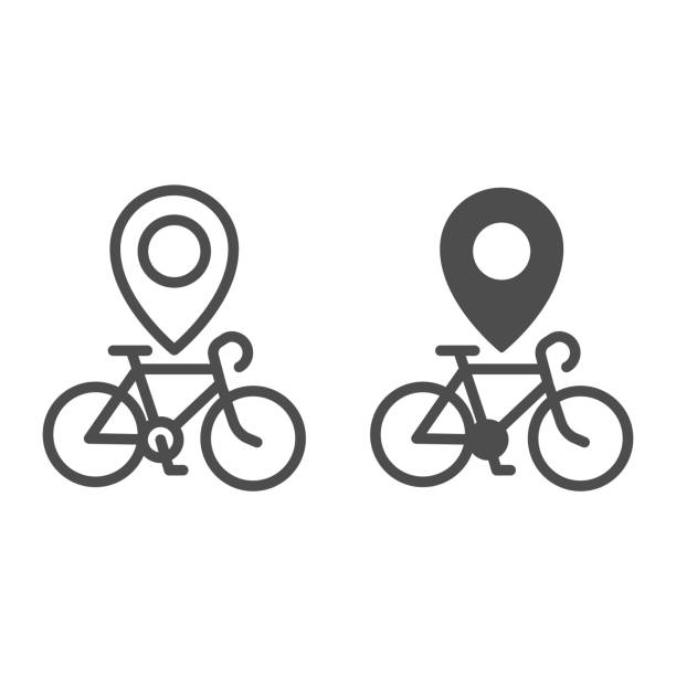 Bike location line and solid icon, bicycle concept, Map pointer with bicycle sign on white background, bike rent location pin icon in outline style for mobile concept and web design. Vector graphics. Bike location line and solid icon, bicycle concept, Map pointer with bicycle sign on white background, bike rent location pin icon in outline style for mobile concept and web design. Vector graphics rent a bike stock illustrations