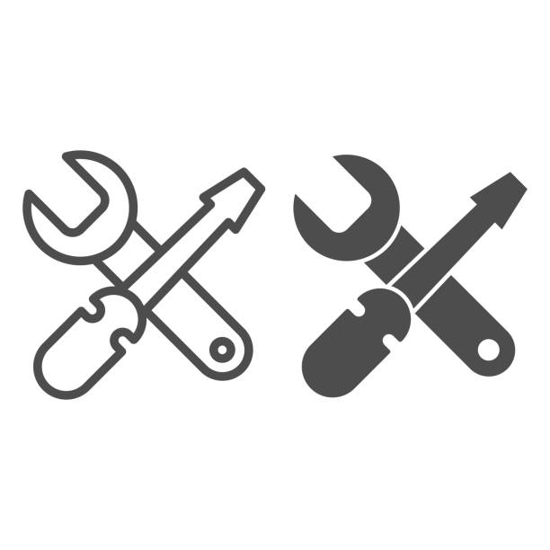 드라이버와 렌치 라인과 단단한 아이콘, 자전거 개념, 흰색 배경에 수리 도구 사인, 모바일, 웹 디자인에 대한 윤곽 스타일 스패너 아이콘과 드라이버를 교차. 벡터 그래픽. - screwdriver isolated work tool clipping path stock illustrations