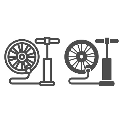 Air pump and bicycle wheel line and solid icon, bicycle concept, Air pump service sign on white background, hand bike pump and wheel icon in outline style for mobile and web design. Vector graphics
