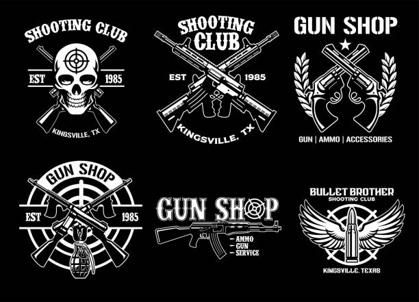 ilustraciones, imágenes clip art, dibujos animados e iconos de stock de conjunto de colección de arma y el diseño de la insignia del club de tiro - sergeant marines patch military