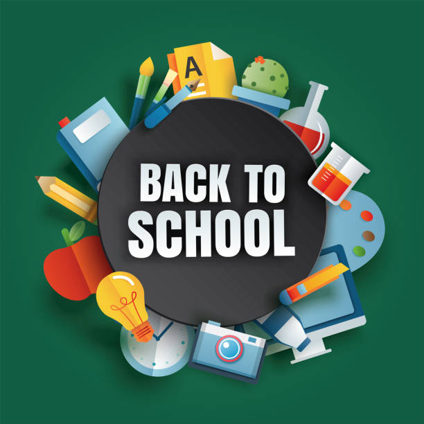 istock Back to school banner with education items and text in paper art style. 1251240347