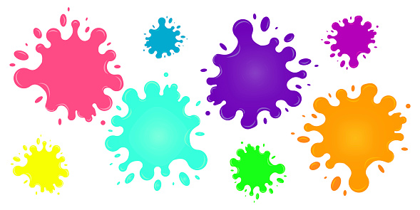 Vector set of paint splashes. Spot with splashes from falling drops. Cartoon-style ink slime. Fluid in the form of a stain. Collection of colorful blobs.