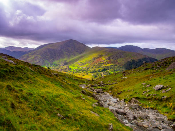 A breathtaking view of a lush green Irish Valley. A small clear creek flows in the foreground and the sun illuminates a small patch of the hills on the other side of the valley. The sky is dark and dramatic over cast.