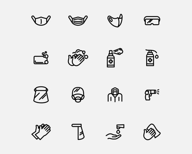 Virus protection equipments icons set vector line style Virus protection equipments icons set vector line style scuba mask stock illustrations