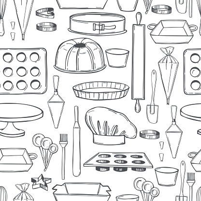 Hand drawn bakery utensils. Baking tools and essentials.  Vector  seamless pattern