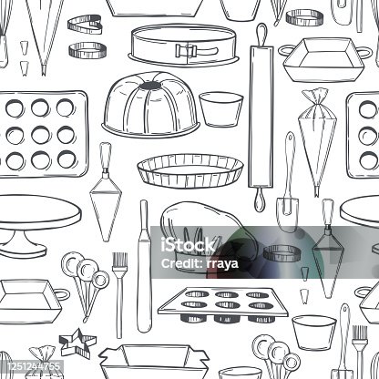 istock Hand drawn bakery utensils. Vector   pattern 1251244755
