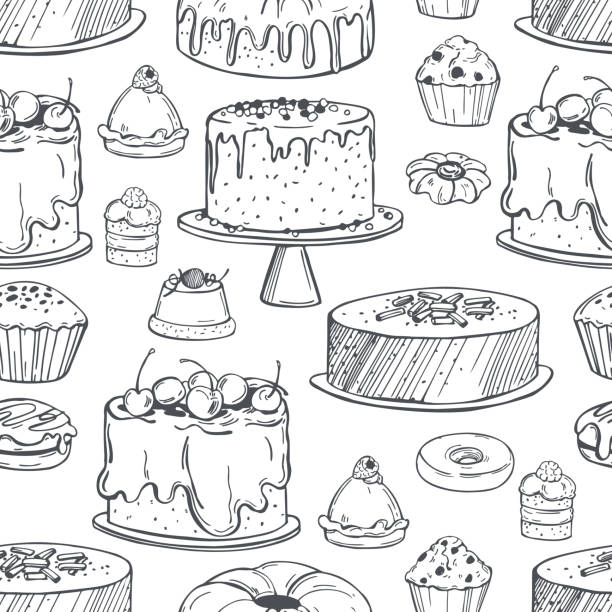kurabiyeler, kekler, kekler. vektör deseni - pasta illüstrasyonlar stock illustrations