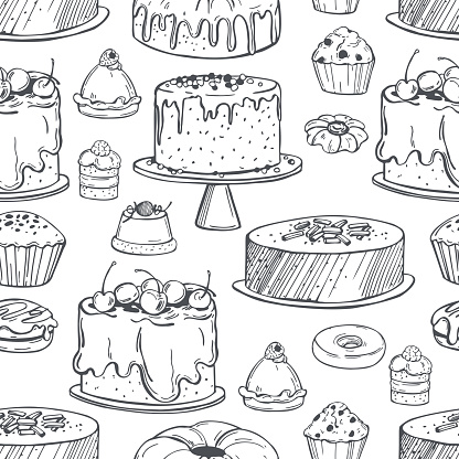 Hand drawn bakery products. Cookies, cakes, muffins. Vector  seamless pattern