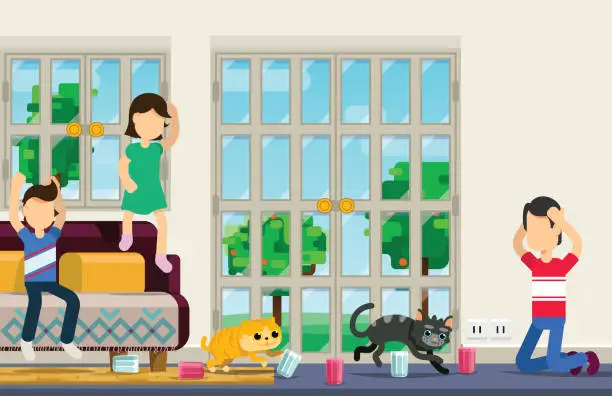 Vector illustration of Kids enjoying life at home with pets and cats running around