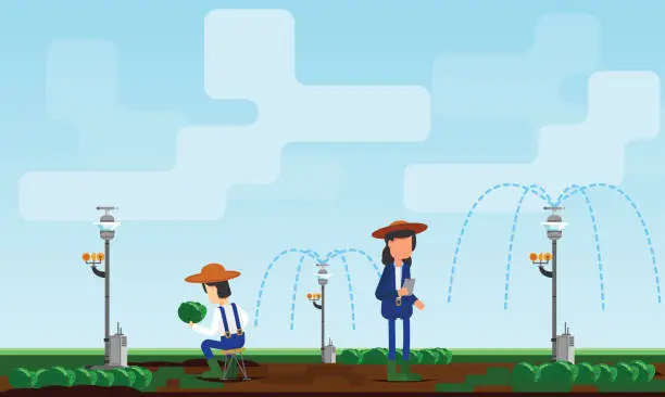 Vector illustration of Woman and man farmer planting crops and using modern watering robots to reduce water consumption