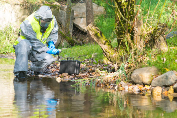 istock environmental pollution scientist in protective suit adjusts rubber glove while sitting by the river 1251247925